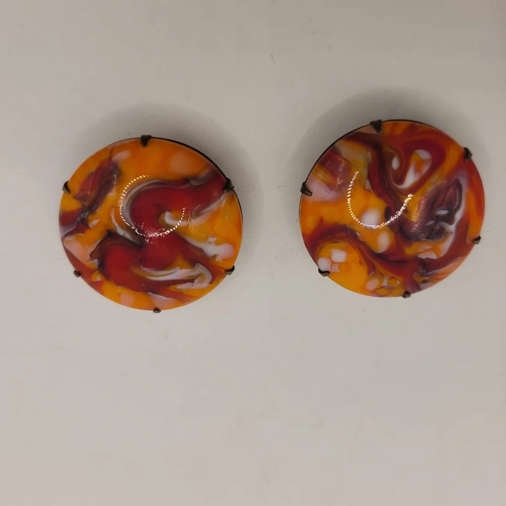 Western Germany Unique Multicolor Swirl Glass Clip Earrings